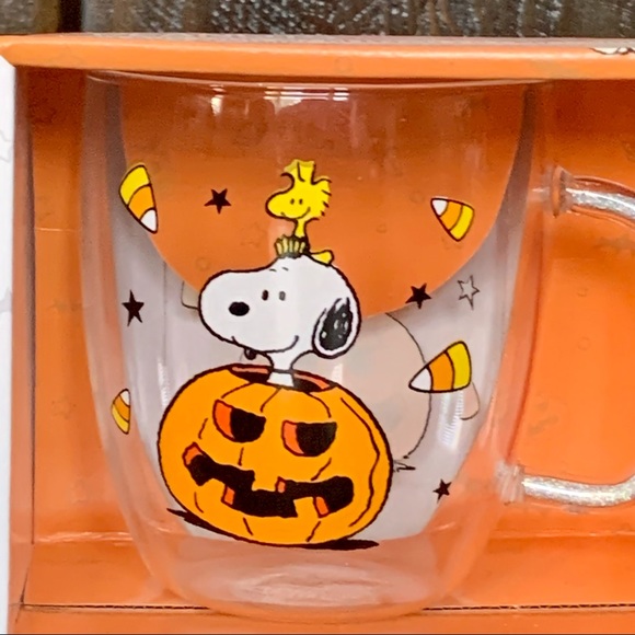 Peanuts 14oz Glass Halloween Mug - Snoopy Woodstock Jack O’ Lantern Candy Corn - Picture 3 of 9